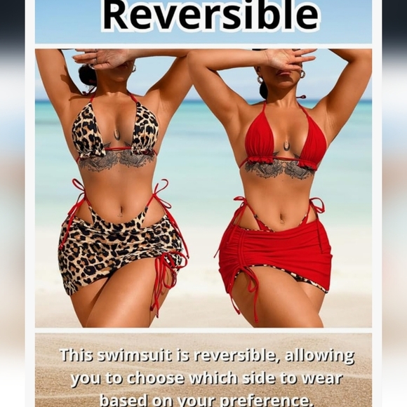 Reversible Leopard and Red 3 Piece Bikini Set NWOT - Picture 1 of 13